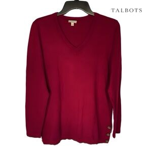 Talbots M Burgundy V-Neck Sweater with Button Accents long sleeves cotton blend